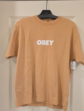 Obey Mens Tan Crewneck Logo Tee with White Print